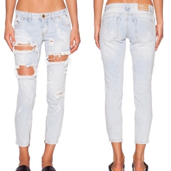 One Teaspoon Free Birds Trashed Rigid Jeans Women’s Size 27 Distressed 7/8 Zip - Picture 1 of 16